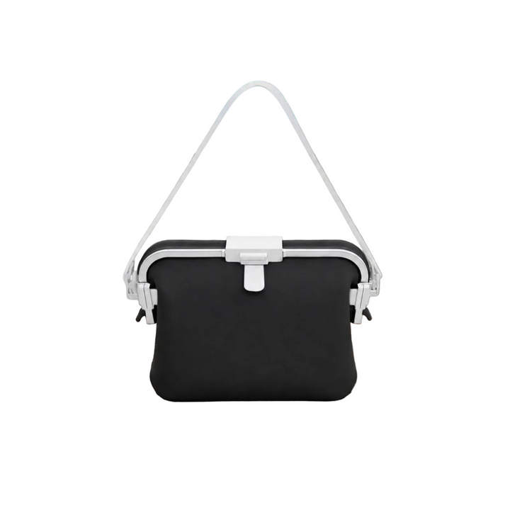 Black silicone shoulder bag with a white strap and white top clasp.