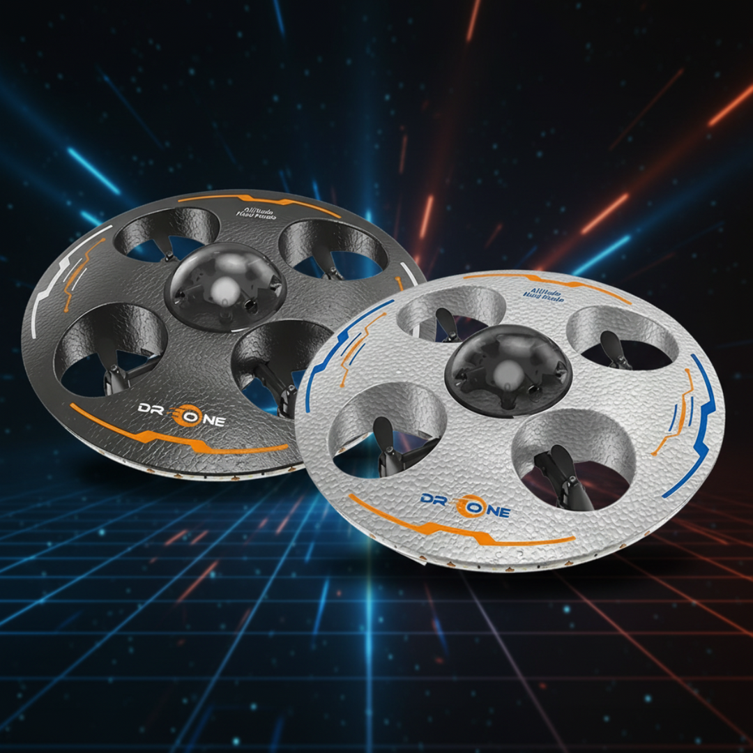 Black and silver UFO toy drones with round bodies and four propellers
