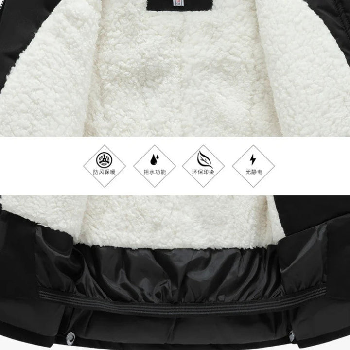 White fleece lining and inner waist panel of a black ski jacket