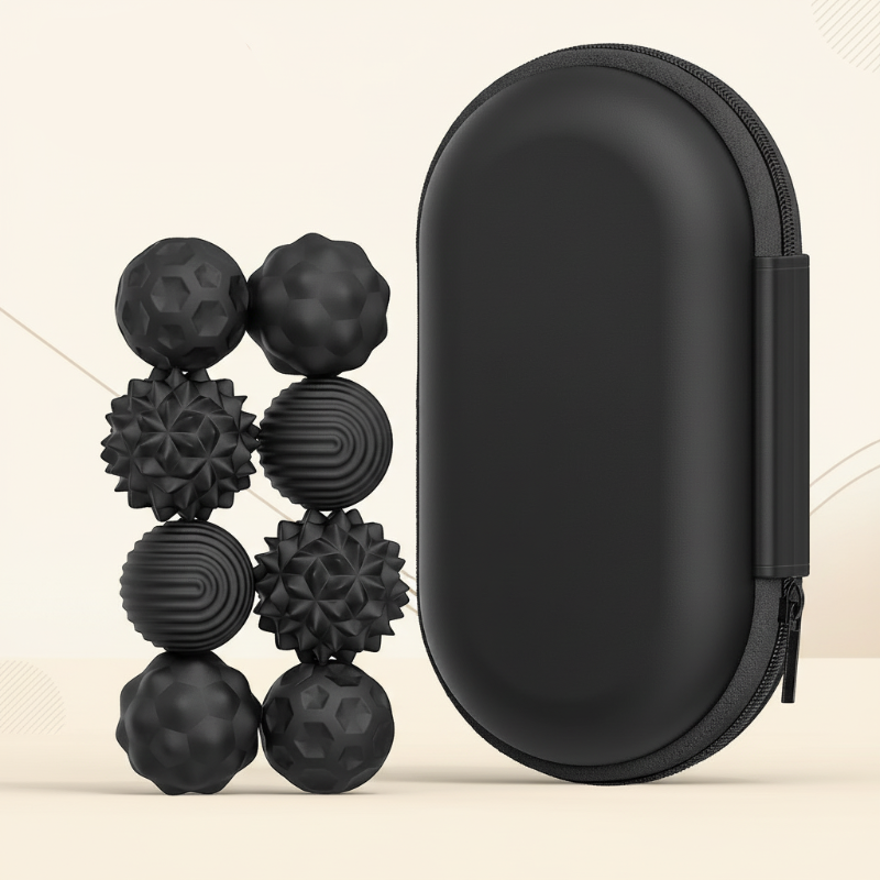Eight small black textured magnetic beads beside a tall black zippered case