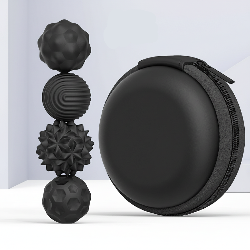 Four small black textured magnetic beads beside a round black zippered case