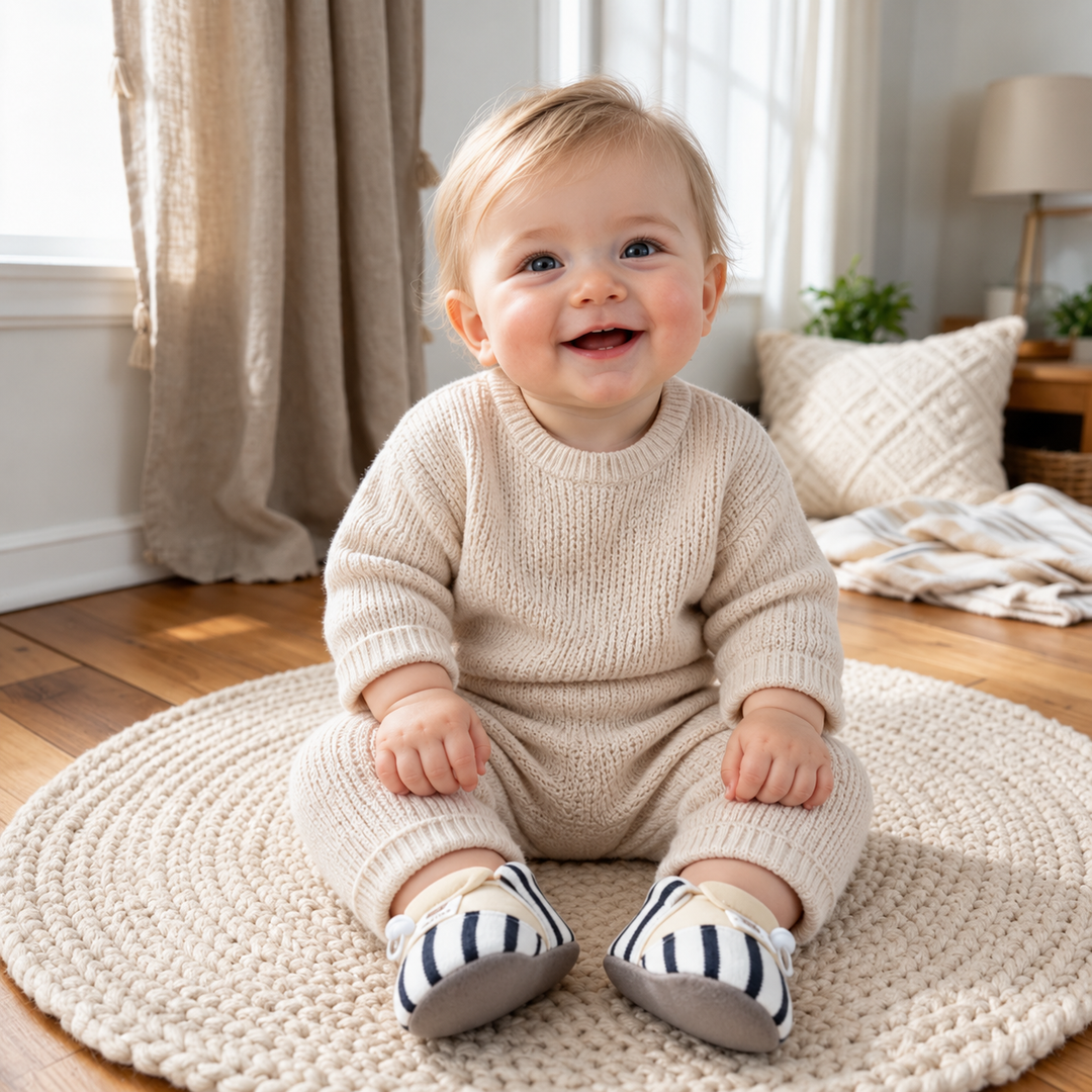 Baby sitting on a knitted rug wearing black striped baby shoes