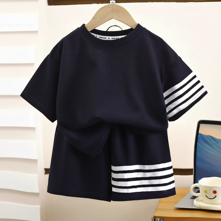 Black short-sleeve T-shirt and matching shorts on a hanger with contrasting white stripes.