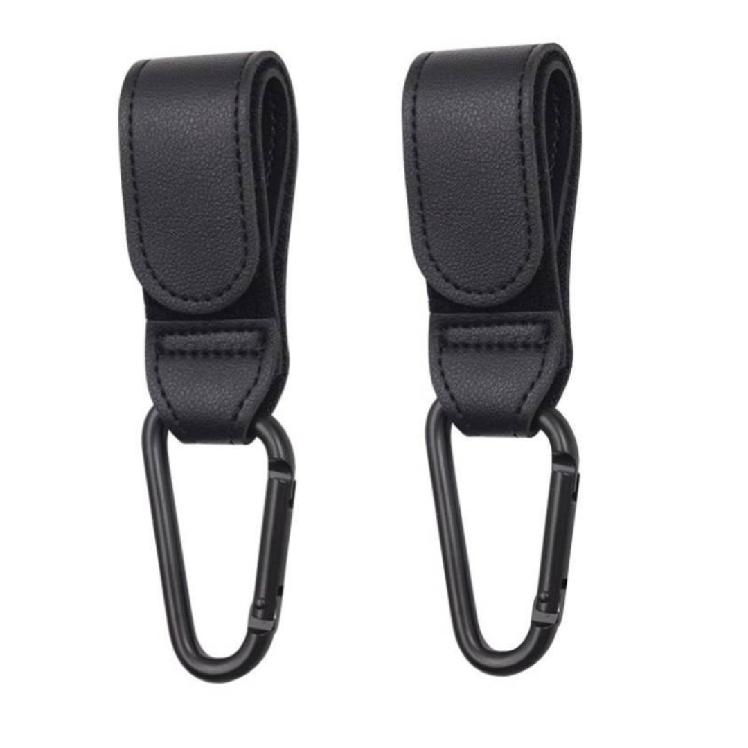 Pair of black stroller hooks with folded straps and metal clips