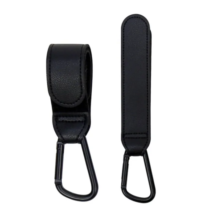 Black stroller hooks shown with one strap fastened and one extended