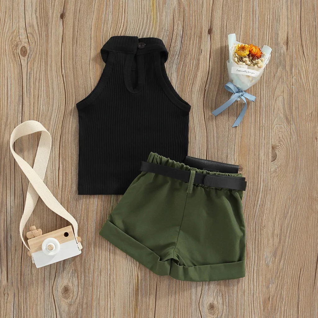 Back of the black ribbed top and olive shorts showing the keyhole neckline and elasticized waistband.