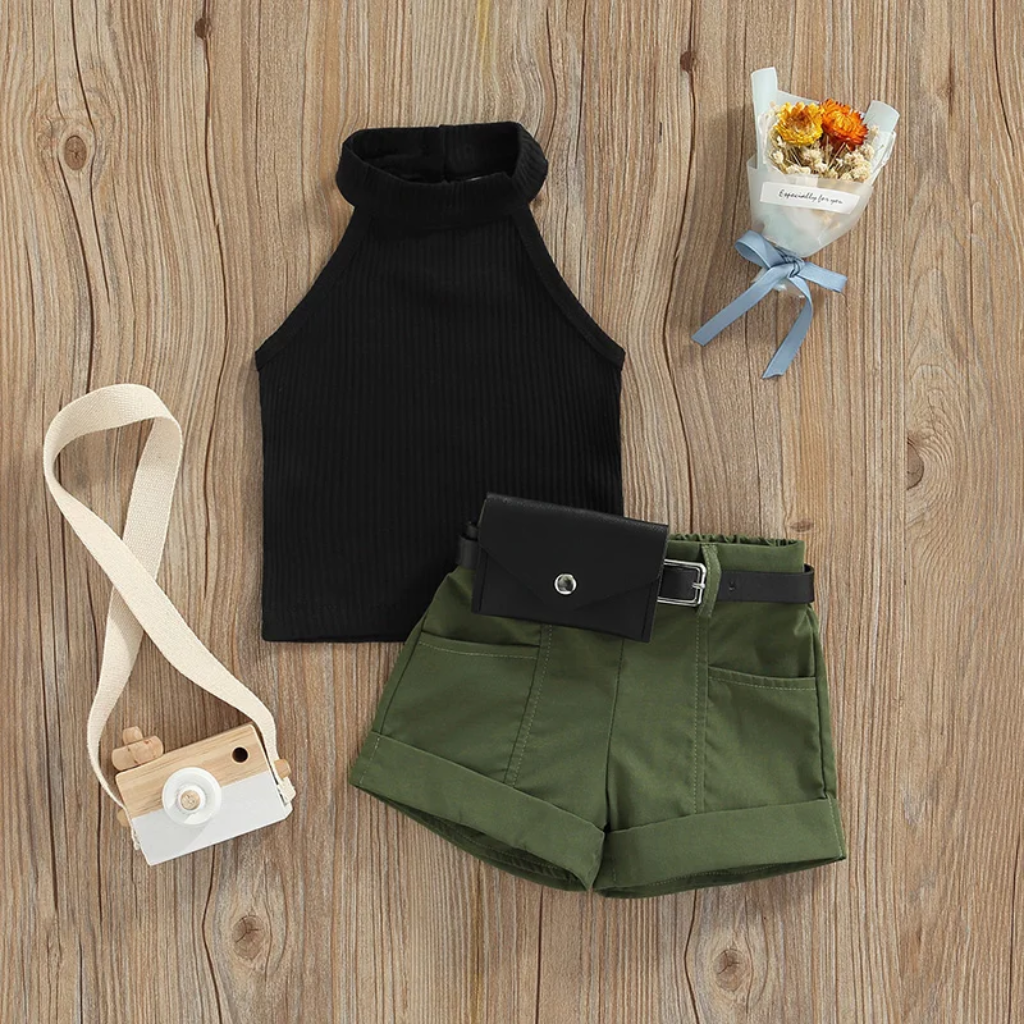 Black top color option with olive green shorts and a black belt bag.