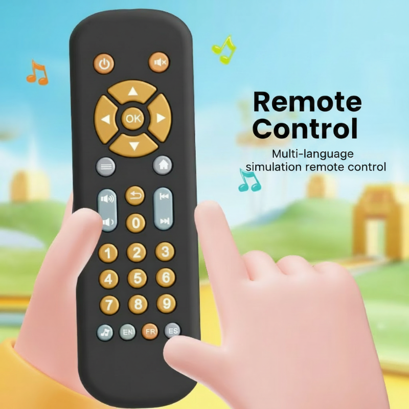 Illustrated hands demonstrating the buttons on a black toy remote