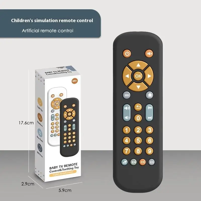 Black toy remote beside its retail box with package measurements