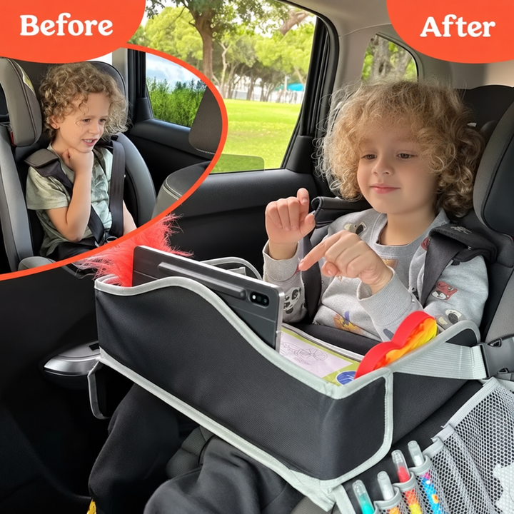 Child using a black travel tray in a car, with an inset showing the seat without the tray