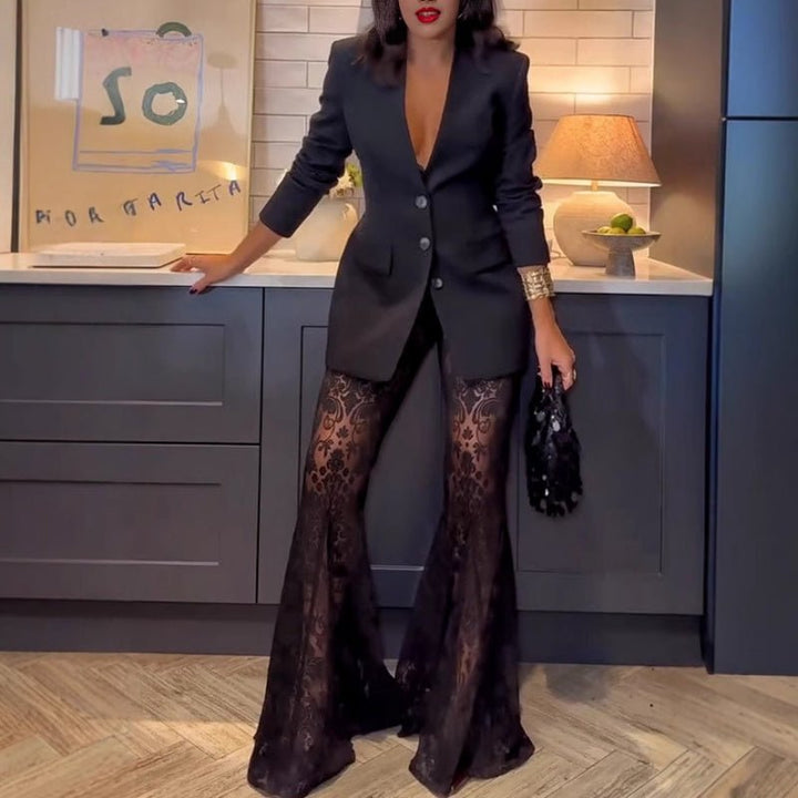 Black Two Piece Blazer Sheer Flare Pants Product Image 01