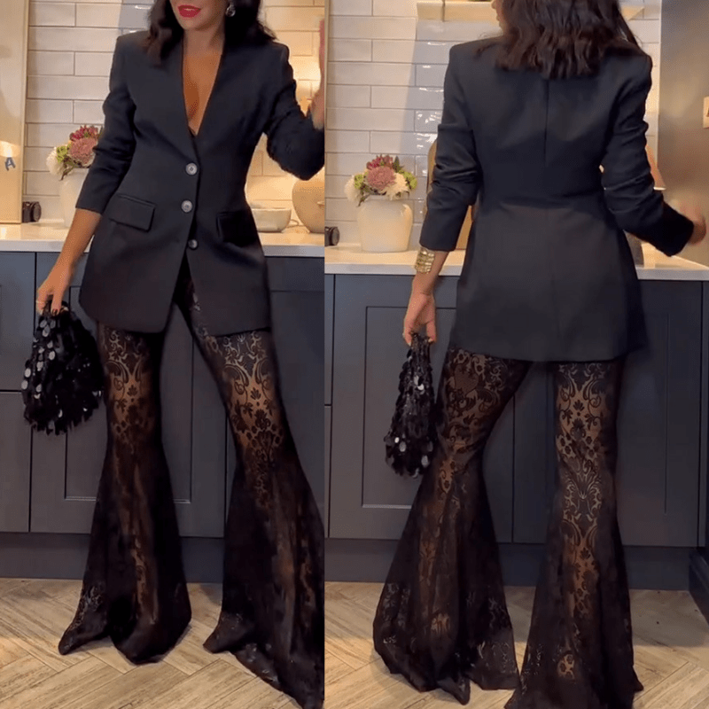 Black Two Piece Blazer Sheer Flare Pants Product Image 02