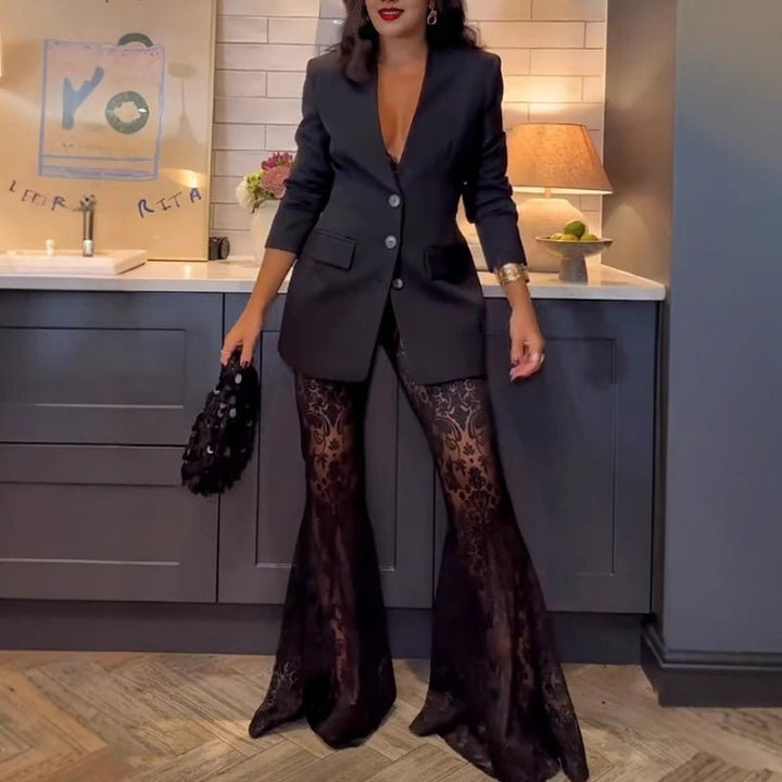 Black Two Piece Blazer Sheer Flare Pants Product Image 04