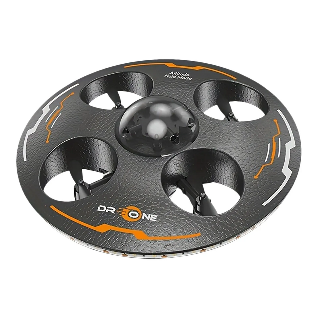 Black UFO toy drone with orange detailing, a central dome and four propellers