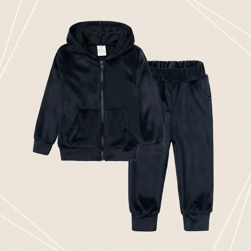 Black velvet zip-up hoodie and matching cuffed pants