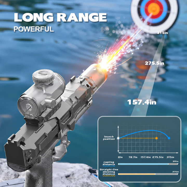 Black water blaster shown with a target and firing-range diagram