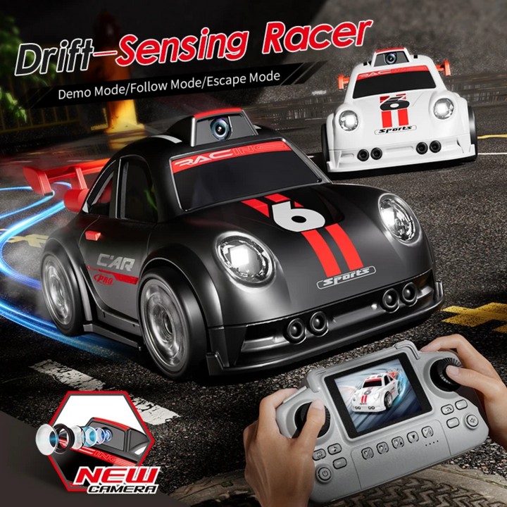 Black and white RC drift cars with roof cameras and a controller with a viewing screen