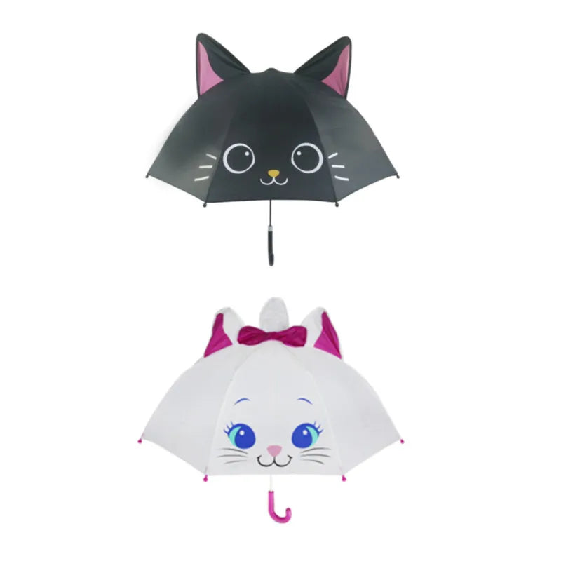 Black and white cat umbrellas with pointed ears and curved handles