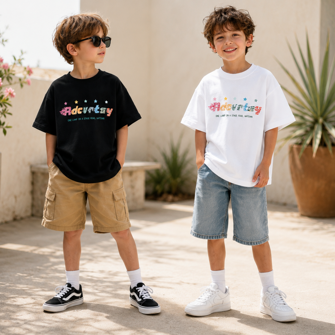 Two children wearing black and white graphic T-shirts with shorts outdoors