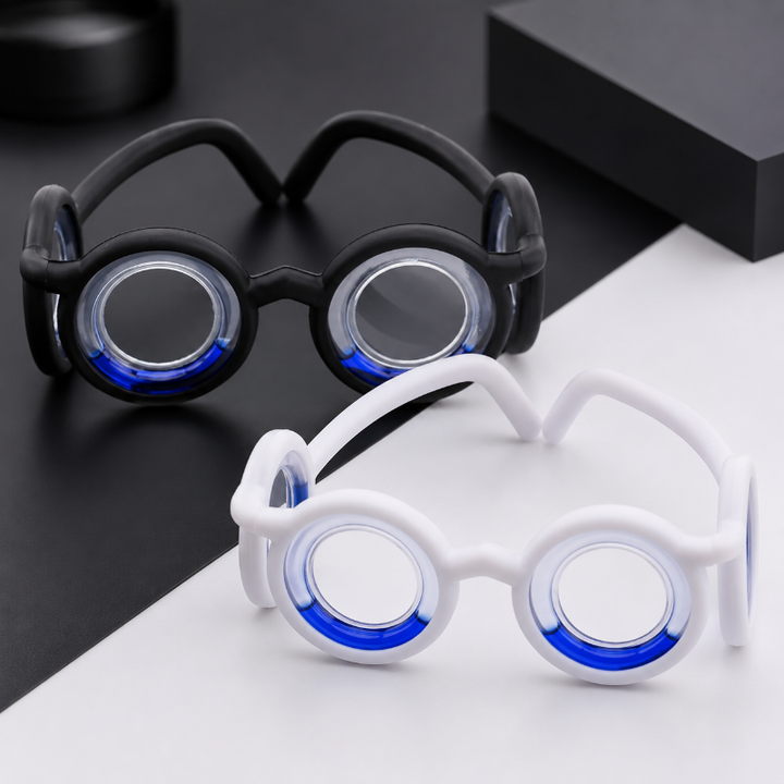 Black and white lens-free travel glasses with blue liquid in the circular frames