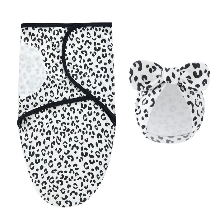 Black-and-white leopard-print swaddle blanket and matching bow hat