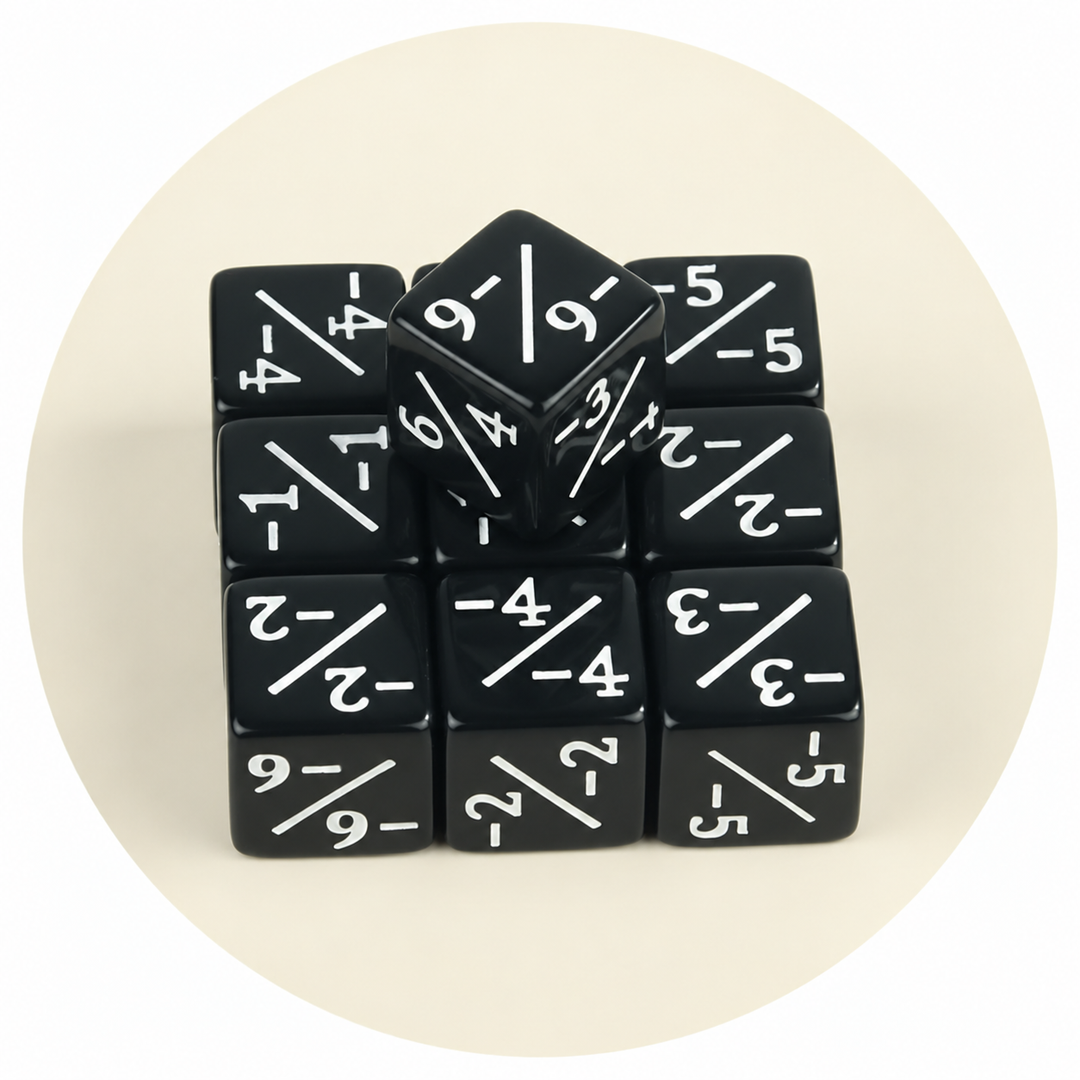 Black counter dice with white negative numbers and diagonal divider lines