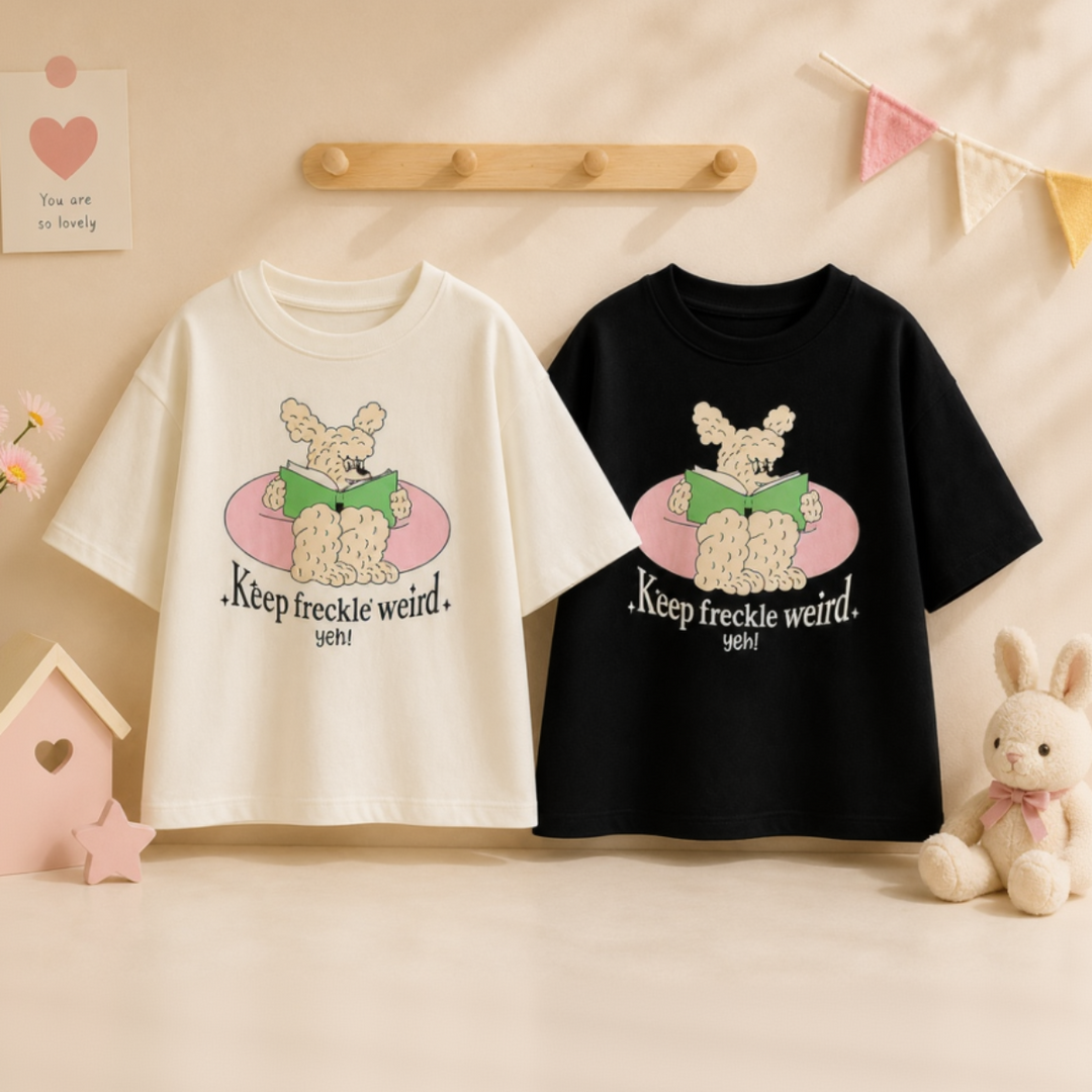 Black and white oversized kids' T-shirts with matching cartoon graphics
