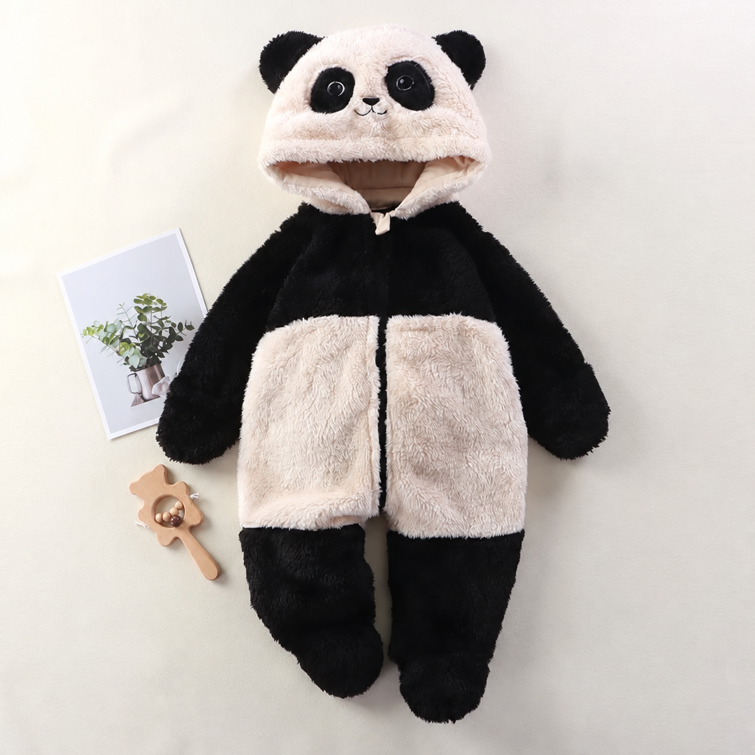 Black-and-white panda baby onesie with rounded hood ears, a front zipper, and covered feet.