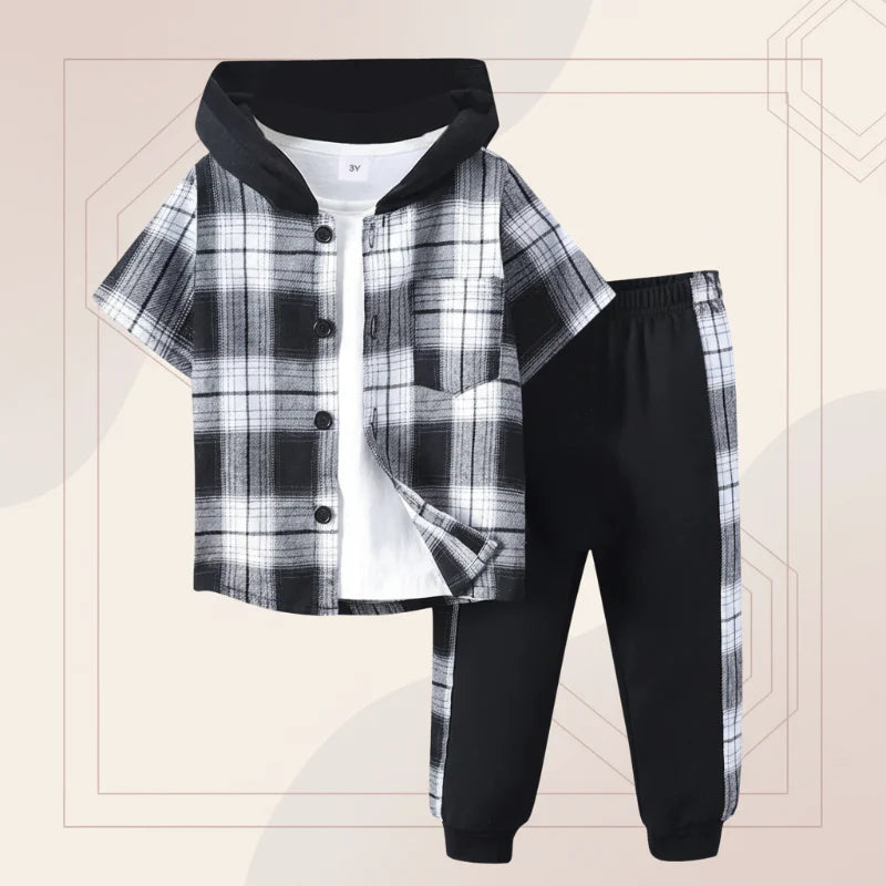 Black and white plaid short-sleeve hooded top with black side-stripe pants