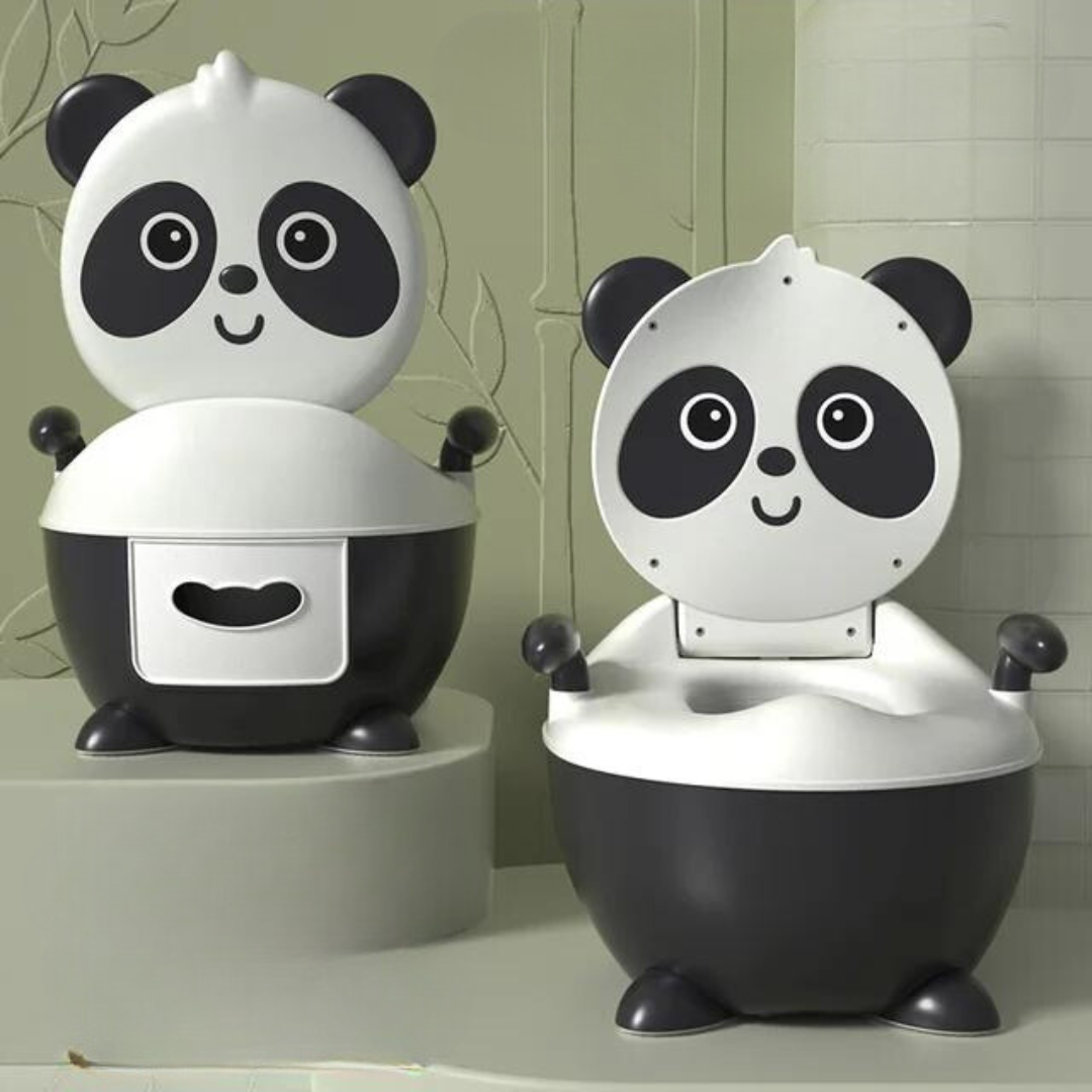 Black and white panda potty chairs with the seat lid open and closed