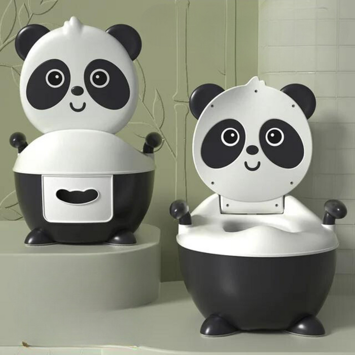 Black and white panda potty chairs with the seat lid open and closed