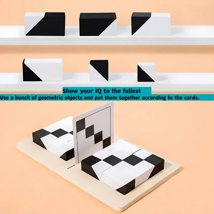 Close-up of black-and-white geometric blocks and a completed pattern on the wooden board