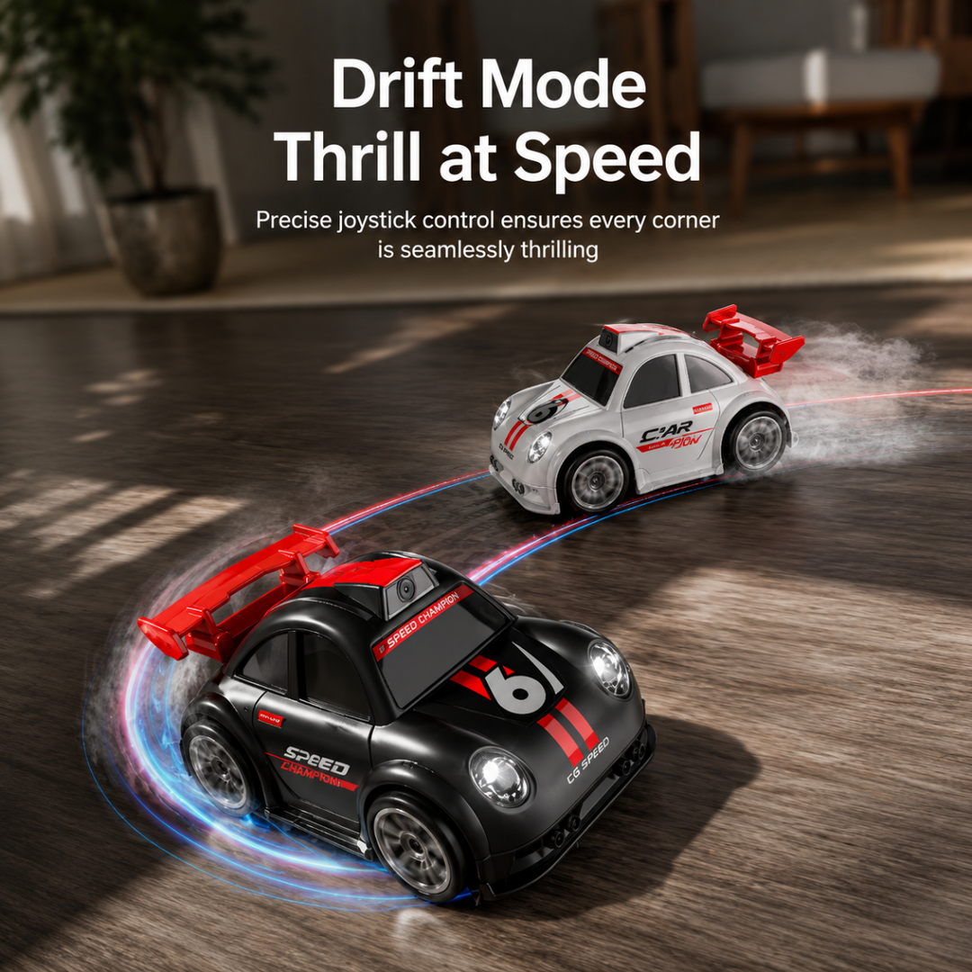 Black and white RC stunt cars shown cornering on a wooden floor