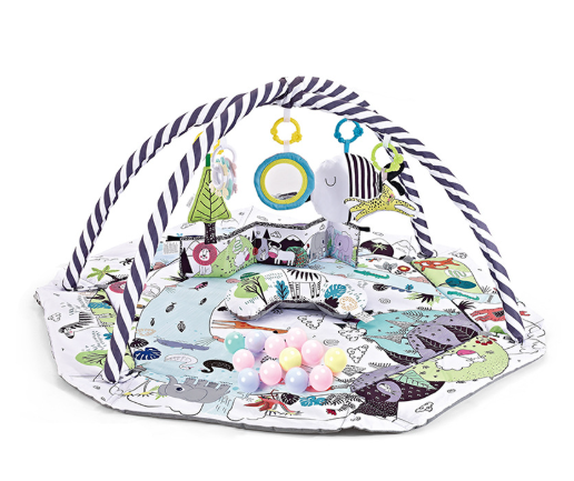 Black-and-white animal-print baby play gym with zebra-patterned arches and hanging toys