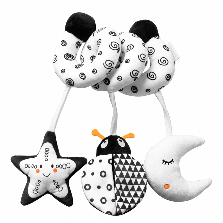 Black-and-white spiral activity toy with a hanging star, patterned bug, and crescent moon.