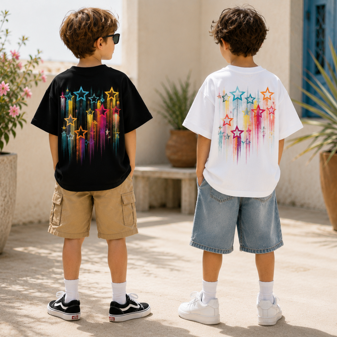 Back view of two children wearing black and white T-shirts with multicolored star trails
