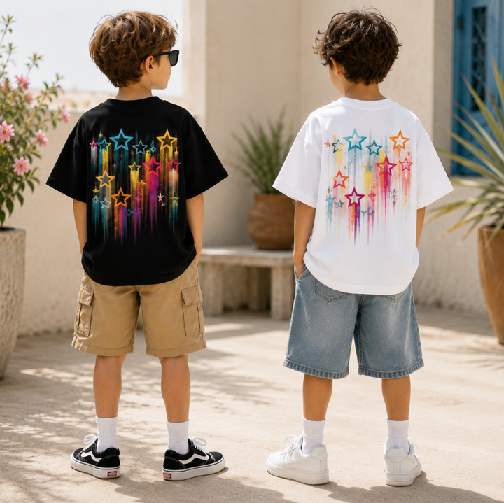 Back view of two children wearing black and white T-shirts with multicolored star trails