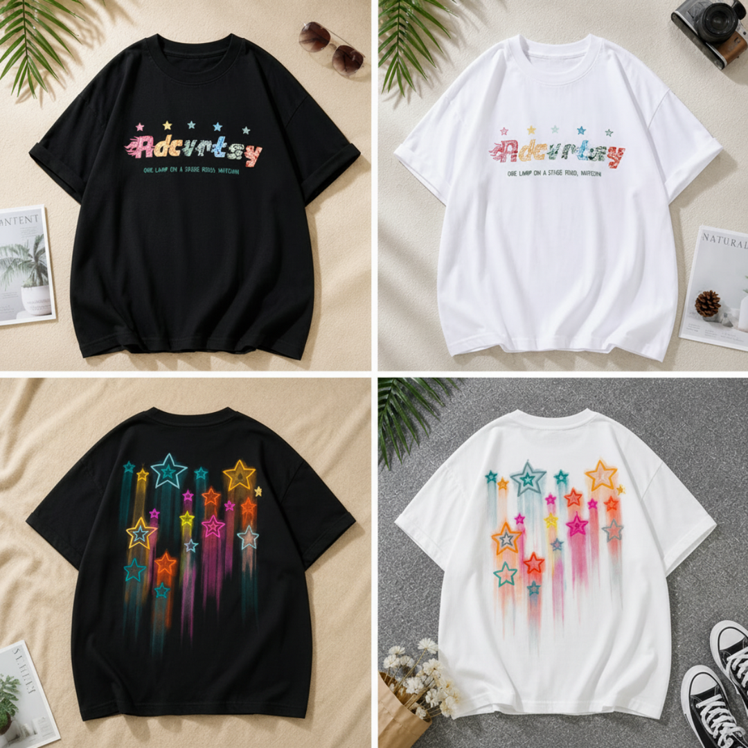 Black and white kids' T-shirts showing colorful front lettering and trailing star graphics on the back