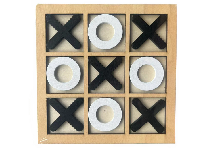Wooden tic-tac-toe board with black Xs and white Os