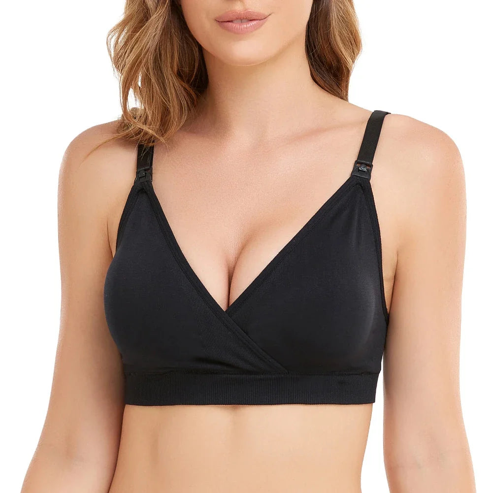 Front view of a black nursing bra with crossover cups and adjustable shoulder straps