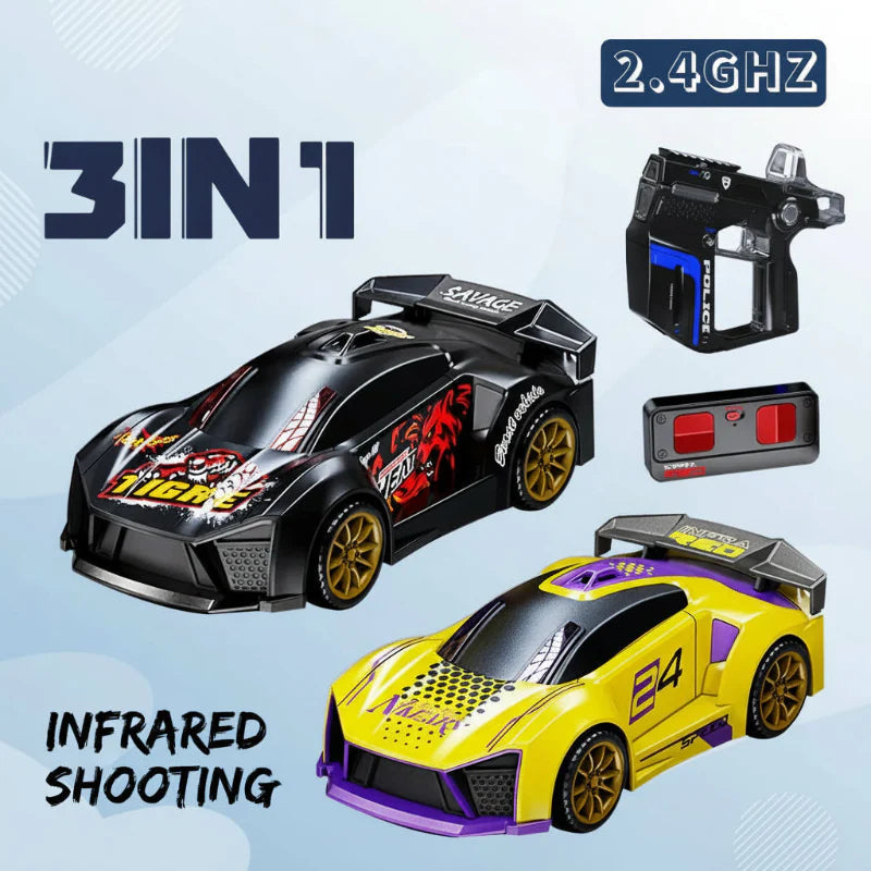 Black and yellow RC cars with controllers in a 3-in-1 infrared racing game graphic