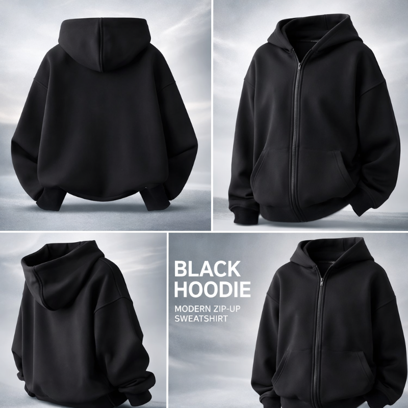 Black zip-up hoodie shown from the front, back, and angled views.