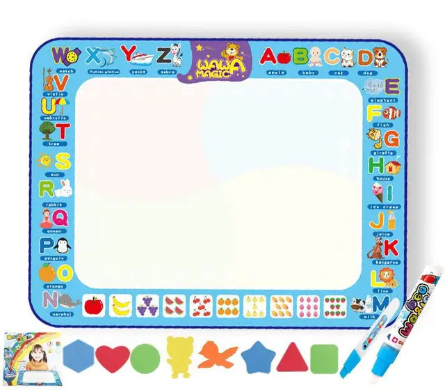 Blue alphabet water drawing mat with a blank drawing area, water pens, shape pieces, and a booklet