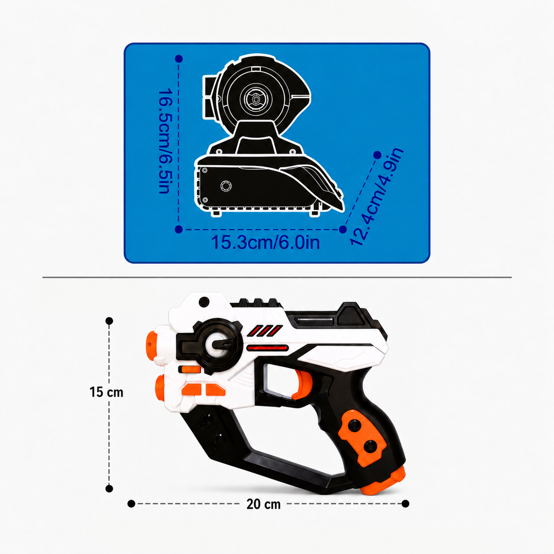 Measurement chart for the tabletop projector and a white and black laser tag blaster.