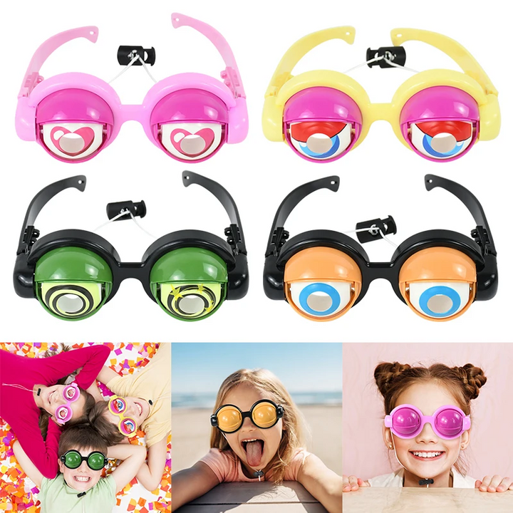 Four blinking toy glasses styles above photos of children wearing them