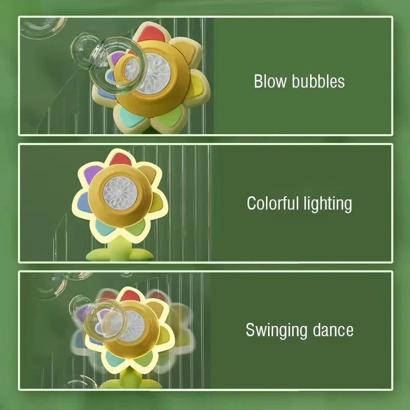 Three views of the flower bubble blower showing bubbles, colorful lighting, and a swaying flower