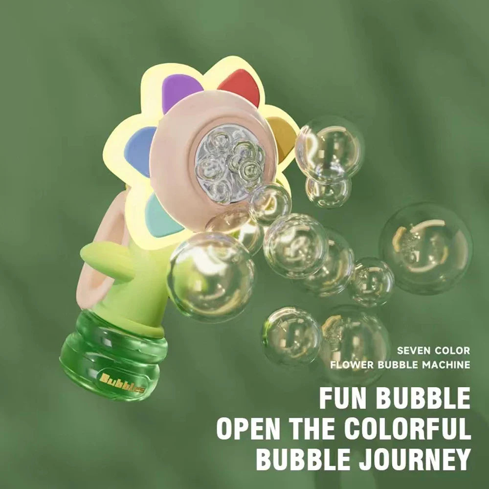 Pink flower bubble blower shown at an angle with bubbles floating in front of its colorful petals