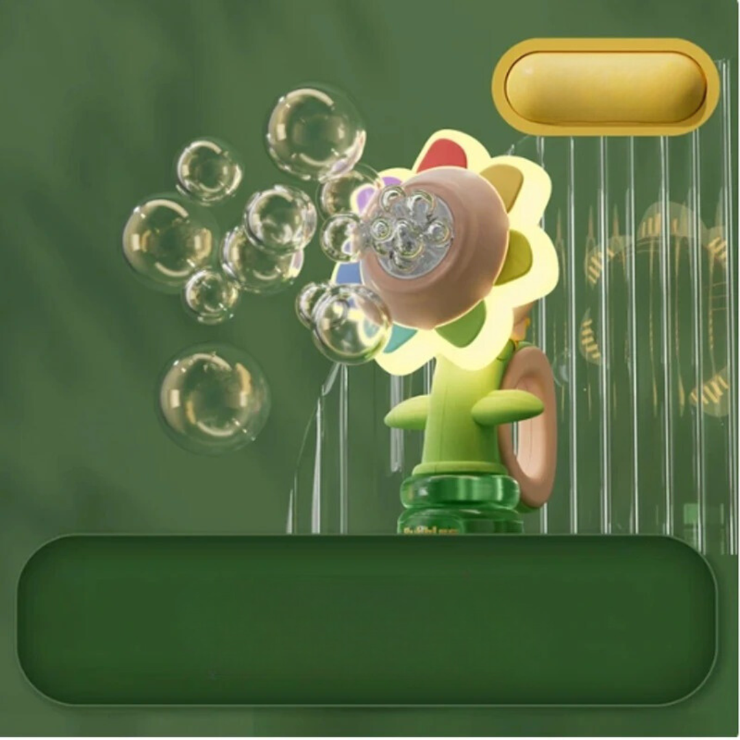 Pink flower bubble blower with multicolored petals and bubbles against a green background