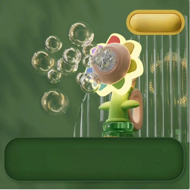 Pink flower bubble blower with multicolored petals and bubbles against a green background