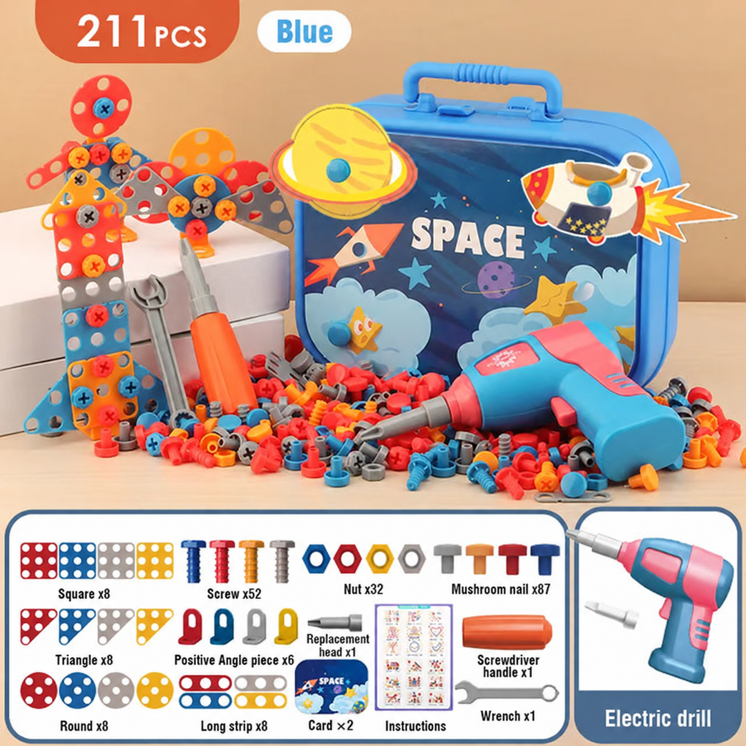 Blue 211-piece drill construction set with space-themed carrying case, tools, and colorful screws